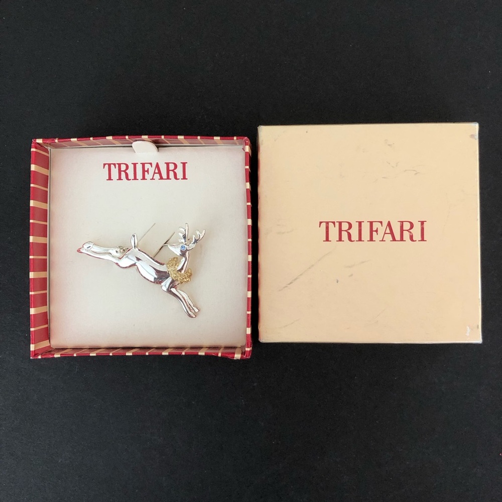 Trifari Silver & Gold Reindeer Brooch - Vintage Holiday Jewelry